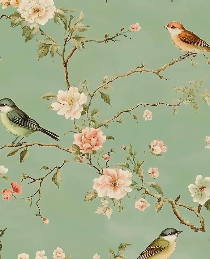 Laatse Vintage Floral Bird Wallpaper Peel and Stick 17.5" × 118", Green | Self Adhesive/Removable/Waterproof/Thick Vinyl Contact Paper for Bathroom Bedroom Shelf Cabinet Drawer,Prepasted,Easy Peel by Laatse