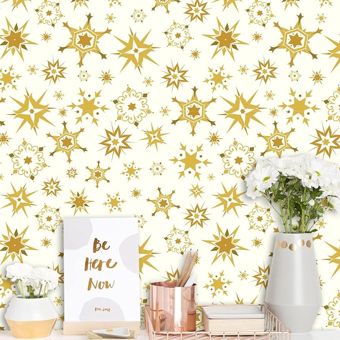 Gold and White Peel and Stick Wallpaper Retro Atomic Star Wallpapers Modern Self Adhesive Contact Paper Removable Mid Century Starburst Wall Art Mural Vinyl Film for Cabinet Drawer Bedroom Living Room - Image 3