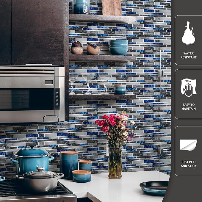 Art3d Marble Tile Peel and Stick Backsplash, 10-Pack, 12 x 12 Inch, Blue | Lightweight, Self Adhesive, Moisture Resistant, Easy to DIY, Modern Style, for Kitchen, Bedroom, Ideal for New Home Buyers - Image 3