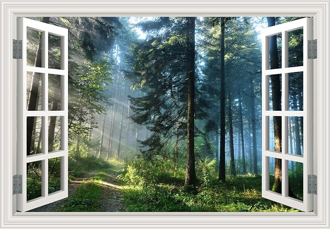 Fake Window Poster Wall Decal - Morning Forest Faux Window Wall Mural Prints for Wall Decor, Peel and Stick Wall Sticker 48" x 32" Set of 2 Sheets by Unknown