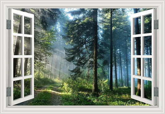 Fake Window Poster Wall Decal - Morning Forest Faux Window Wall Mural Prints for Wall Decor, Peel and Stick Wall Sticker 48" x 32" Set of 2 Sheets by Unknown