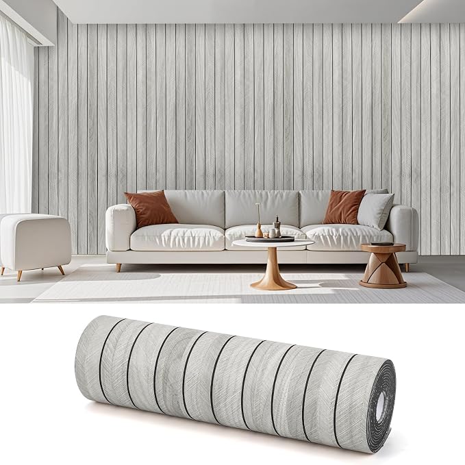Thick Peel and Stick Slat Wall Panel Self-Adhesive 3D Wood Grain Light Gray | Wallpaper Sticker Soundproof Moisture Resistant for Wall Ceiling (118"x15.75") by AILOOCEDI
