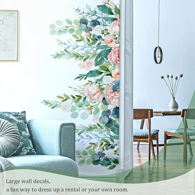 Watercolor Flowers Leaves Wall Decals Peel and Stick, Large Floral Flowers Wall Stickers, Removable Vine Home Decor Art for Bedroom Living Room Classroom Office - Image 4