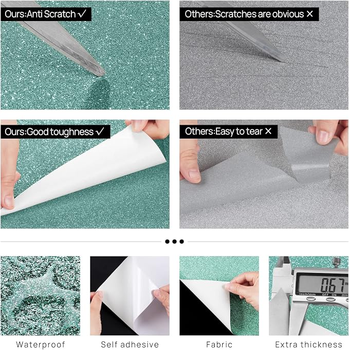 FunStick 3.9"x472" Light Teal Glitter Wallpaper Border Glitter Wallpaper Stick and Peel Waterproof Teal Contact Paper Peel and Stick Wall Paper Border Sticker for Bedroom Bathroom Walls Bulletin Board - Image 4