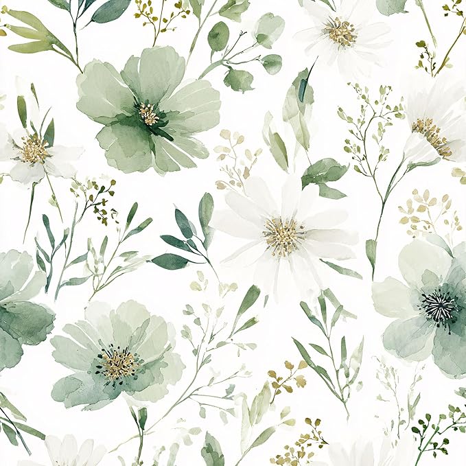 Sage Green Floral Peel and Stick Wallpaper 17.7" x 393.7" | Thick removable watercolor natural flower design for renters and bedroom accent walls by Akodm