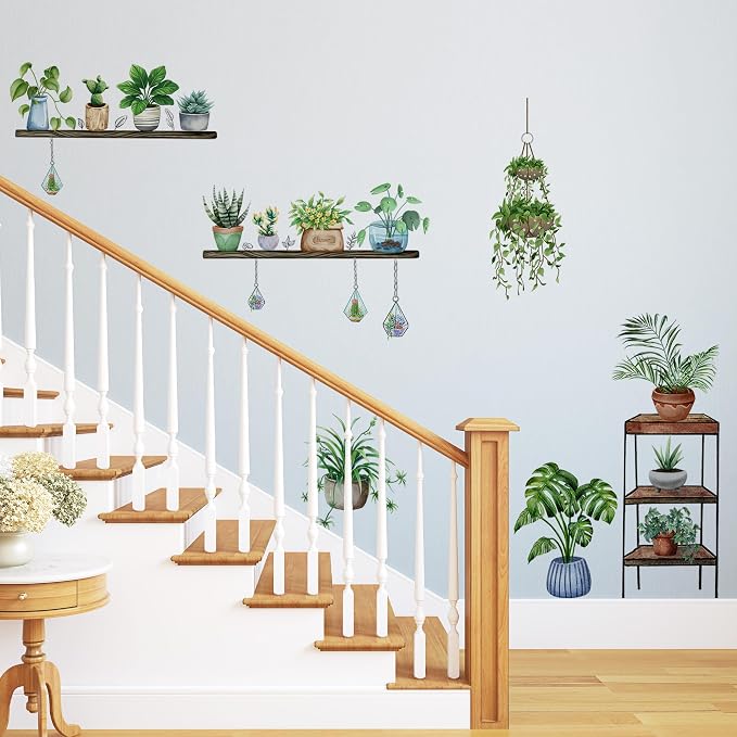 3D Hanging Potted Green Plant Shelf Wall Decals - Peel and Stick, Tropical Succulent and Floral Wall Stickers, Removable, Nature Wall Art Mural - for Living Room, Kitchen, Office, and Home Decor - Image 3