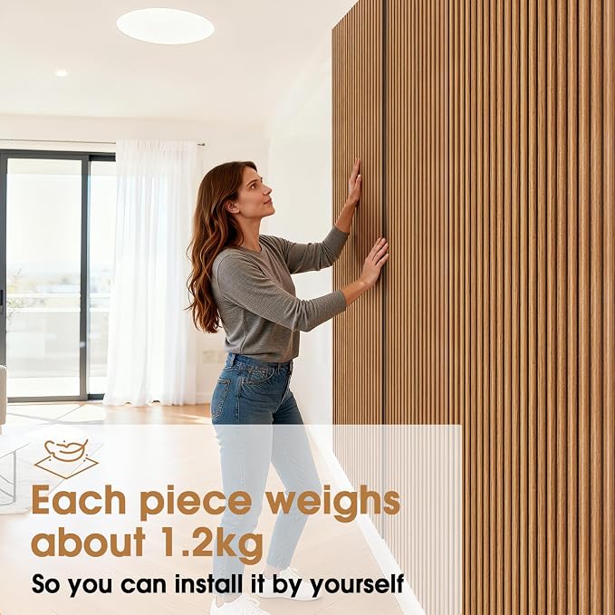 PS Wood Slat Wall Panels for Interior Wall Decor,20-Pack | 78.74 x 11.81 in, Covers 129 sq.ft, Lightweight Self-Adhesive Wall Panels, 3D Wainscoting Wall Covering - Teak - Image 3