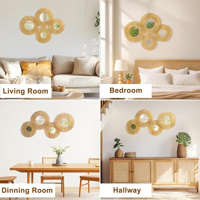 Artilady Hanging Baskets Wall Art with Mirror, 4Pcs Boho Wicker Wall Decor - Image 5