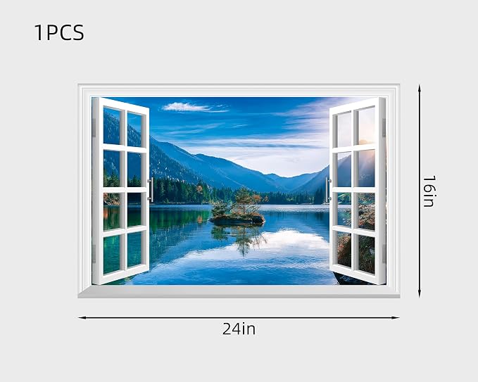 FLFK Fake Window Wall Decal - Mountain Lake Faux Window Wall Mural for Wall Decor, Peel and Stick Wall Sticker,24"x16" - Image 2
