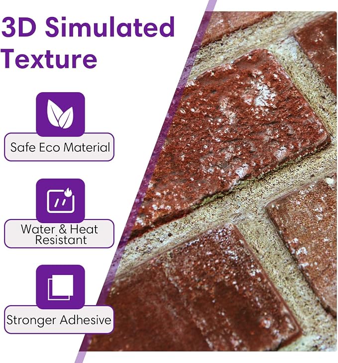 3D Peel and Stick Faux Brick Wall Panels 11.8" x 11.8" 10-Pack | Red Orange, Small Brick-Look Textured Sticker, Thin Lightweight PVC Self Adhesive Tiles for Interior Decor, Cover 9.7 sq ft - Image 4