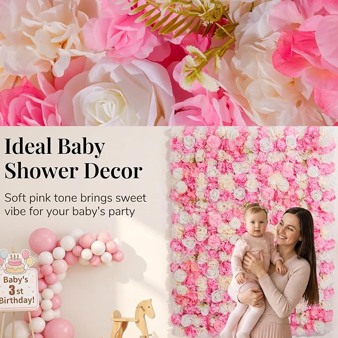 Artificial Flower Wall, 12 Panels, 16.5x16.5, Pink White Rose | 3D design, realistic look, Seamless Design,eco-friendly,easy to assemble,reusable,.Suitable for weddings,Party,Backdrop Decor - Image 7
