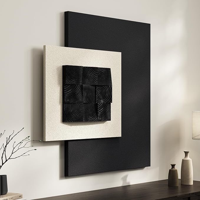 Large Wood Abstract Wall Art for Living Room, Modern 3D Artwork for Walls | Black and white textured paintings, Big woodern layered sculpture, Bedroom dining room office wall decor aesthetic by Cuspin