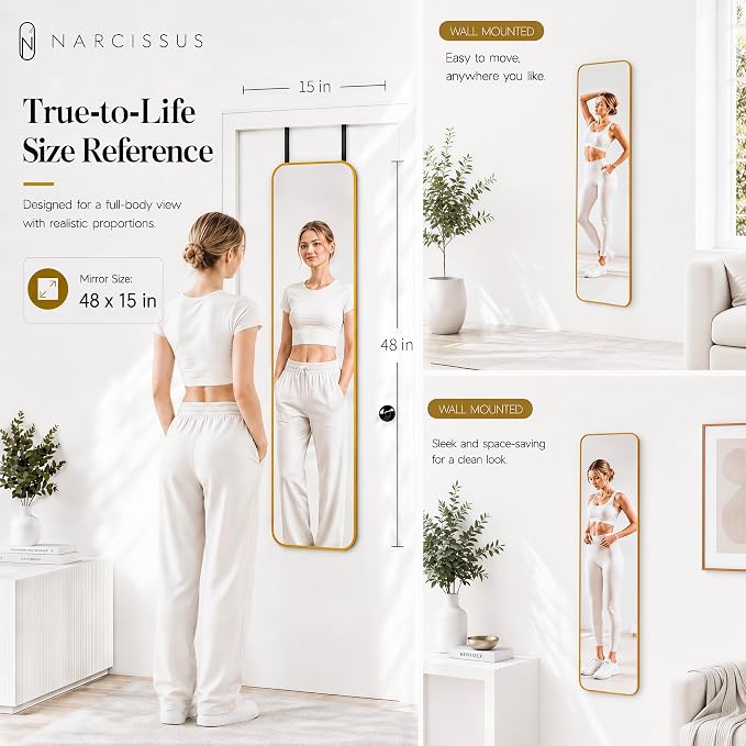 NARCISSUS Over the Door Full Length Mirror 47x14 Inch, Wall Mounted Dressing Mirror, Door Hanging Full Body Mirror HD Reflection Glass for Bedroom, Aluminum Alloy Frame Gold - Image 2