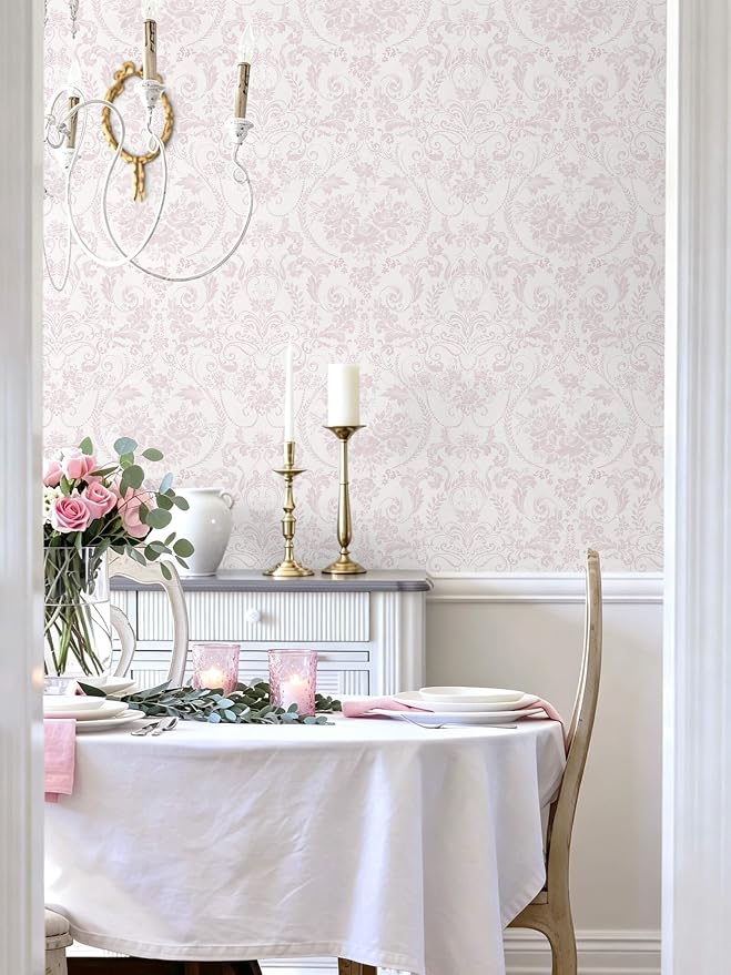 Peel and Stick Wallpaper for Bedroom Pink Damask Floral Self-Adhesive | 393"×17.3" White & Pink Vintage Scroll Removable Waterproof Vinyl Wall Decor for Bathroom, Nursery, Furniture Refinish - Image 2