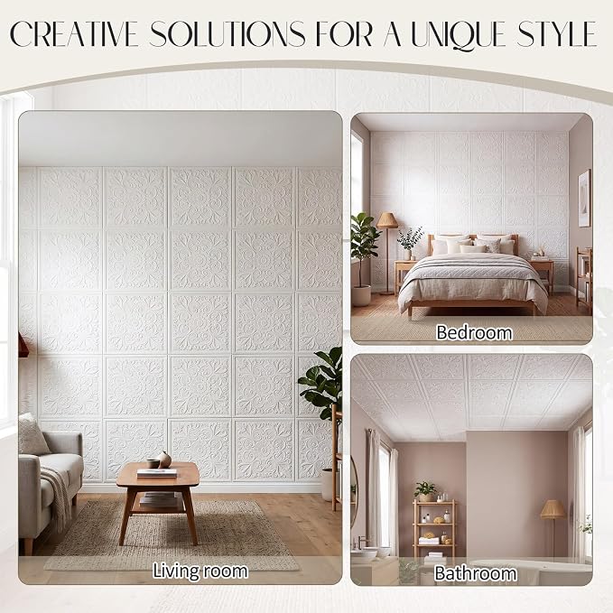 Nuanchu 40 Pcs 13.8 x 13.8 Inch Ceiling Tiles Peel and Stick, Flower | Foam White 3D Wall Panels 26-105.5 Sq. ft Adhesive Glue up Waterproof Wallpaper for DIY Office Home - Image 7