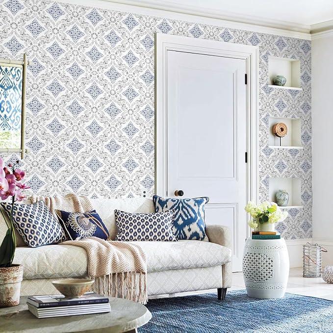 Peel and Stick Wallpaper Blue Wallpaper for Kitchen 16.9" x 196.8" | Blue Geometric Wall Paper for Bathroom Waterproof Boho Self Adhesive Removable Contact Paper Backsplash Decorative Vinyl - Image 9