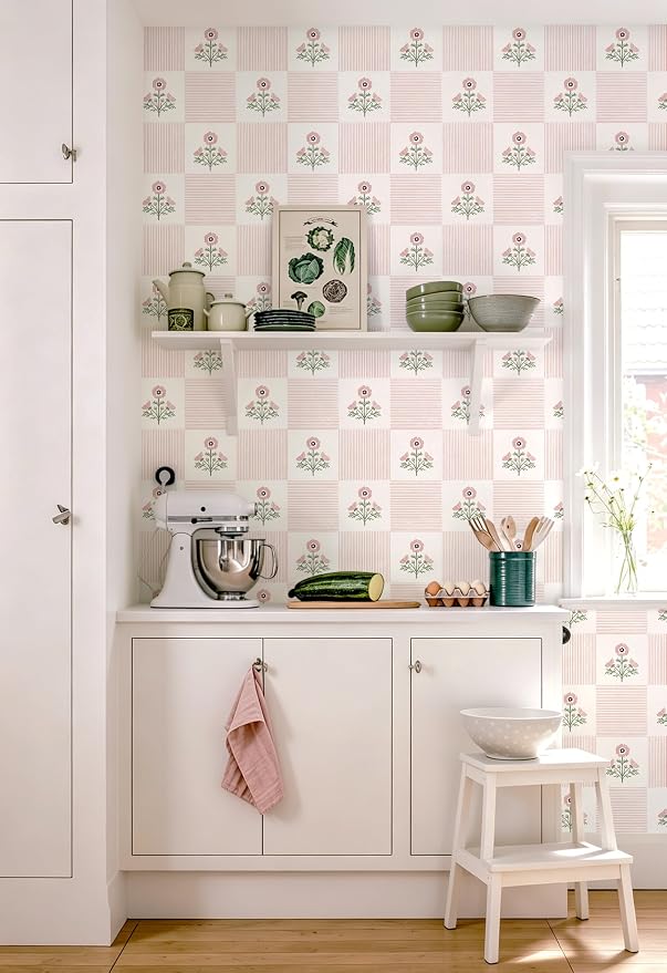 Guvana Pink Floral Peel and Stick Wallpaper Vintage Floral Wallpaper Boho Wall Paper Removable Modern Contact Paper Vinyl Self Adhesive for Bedroom Bathroom Kitchen Livingroom Covering 17.3" x 78.7" - Image 4