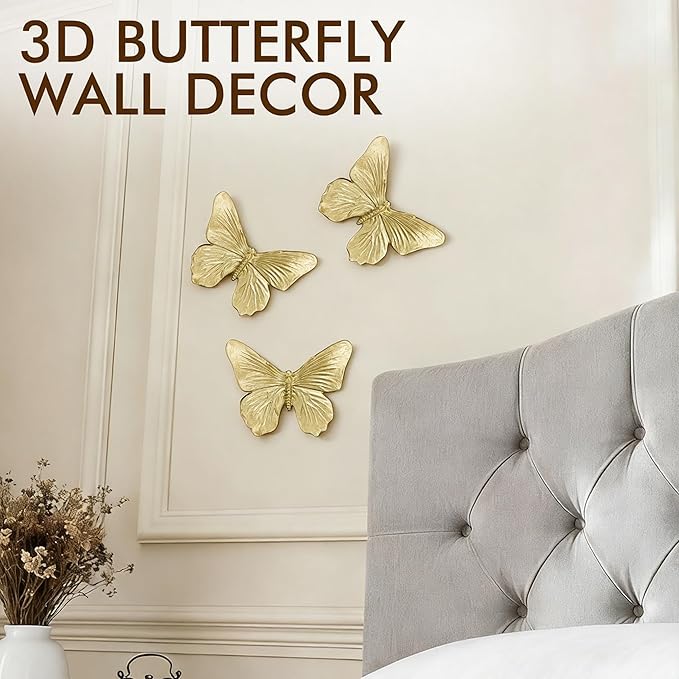 GUSFREUD 3D Butterfly Wall Decor Set – Resin Wall Decor for Living Room, Bedroom, Bathroom, Dining Room, Outdoor and Gallery Walls - Antique Gold - Set of 3 - Image 2