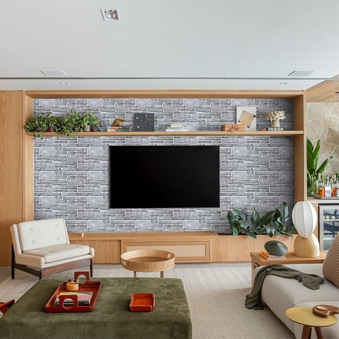 Commomy Faux Stone 3D Wall Panels Peel and Stick - 12 pcs 22.8" x 11.8" | Thin & Urltra PVC Fake Stone Textured Wall Panels for Interior Tile Bedroom,Living Room,TV Background (Covers 22.48 sq.ft) - Image 2