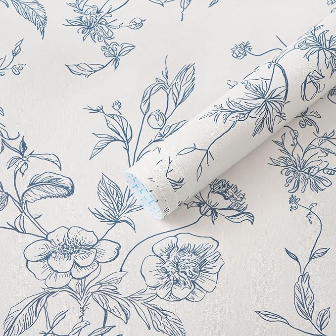 Ismoon Peel and Stick Wallpaper Floral Vintage Stick on Wall Paper Blue and White Contact Paper for Cabinet French Textured Removable Self Adhesive Wallpaper Vinyl for Bedroom Wall Deco 17.3 x 78.7in by Ismoon