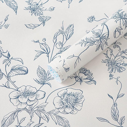Ismoon Peel and Stick Wallpaper Floral Vintage Stick on Wall Paper Blue and White Contact Paper for Cabinet French Textured Removable Self Adhesive Wallpaper Vinyl for Bedroom Wall Deco 17.3 x 393in by Ismoon