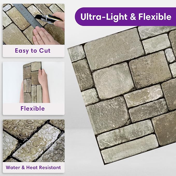 3D Peel and Stick Faux Stone Wall Panels 11.8" x 11.8" 10-Pack | Brown, Stone-Look Textured Wall Sticker, Thin Lightweight PVC Self Adhesive Wall Tiles for Interior Decor, Cover 9.7 sq ft - Image 4