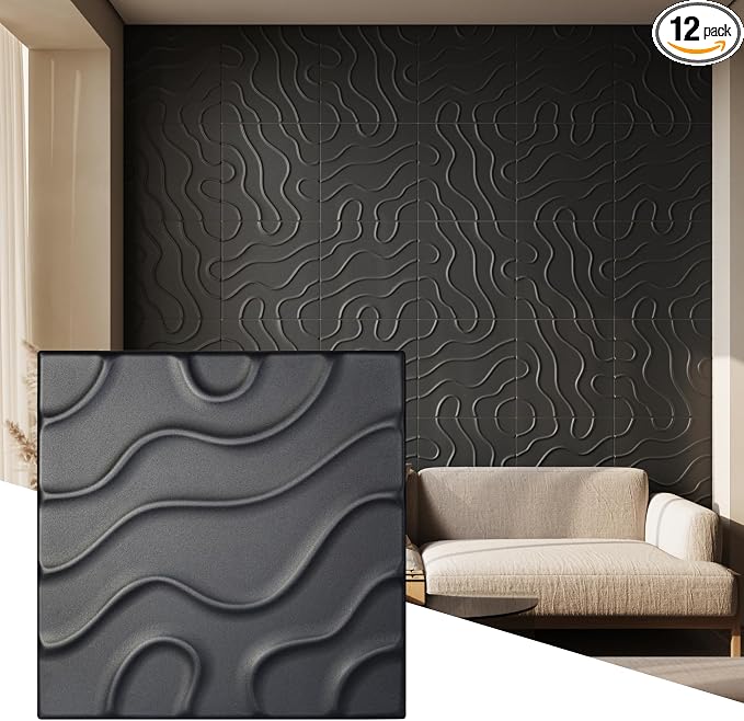 Wall!Supply 3D Flow Line Wall Panels, 12-Pack, Black | Lightweight XPS Foam, Wallpaper Alternative, Easy DIY Installation, Covers 32.29 Sq Ft, for Living Room, Bedroom, Office by WallSupply