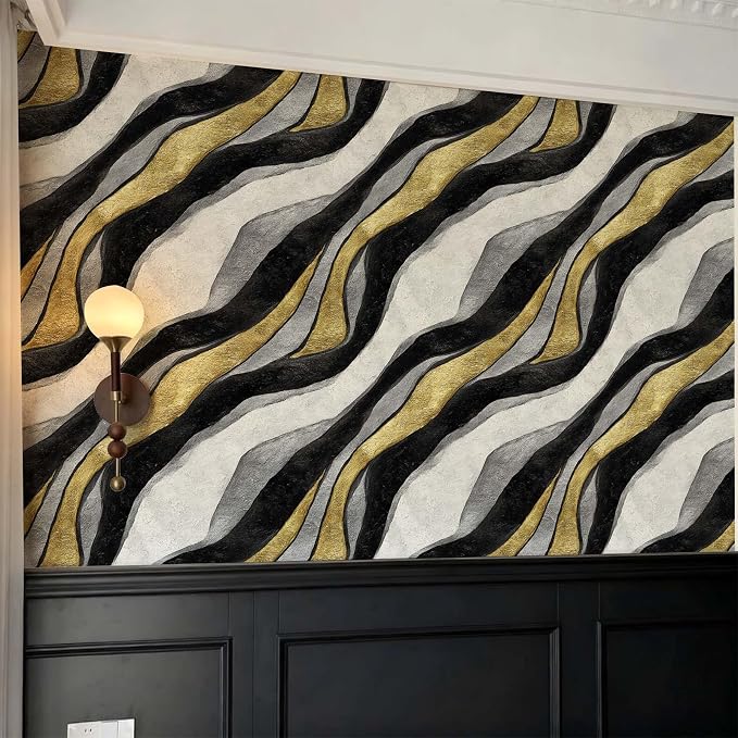Luxury Black White Gold Fluid Modern Marble Peel and Stick Wallpaper Self Adhesive 17.72" x 236.21'' Textured Wavy Agate Wall Paper Renter Friendly Removable Waterproof for Living Room Bedroom - Image 3