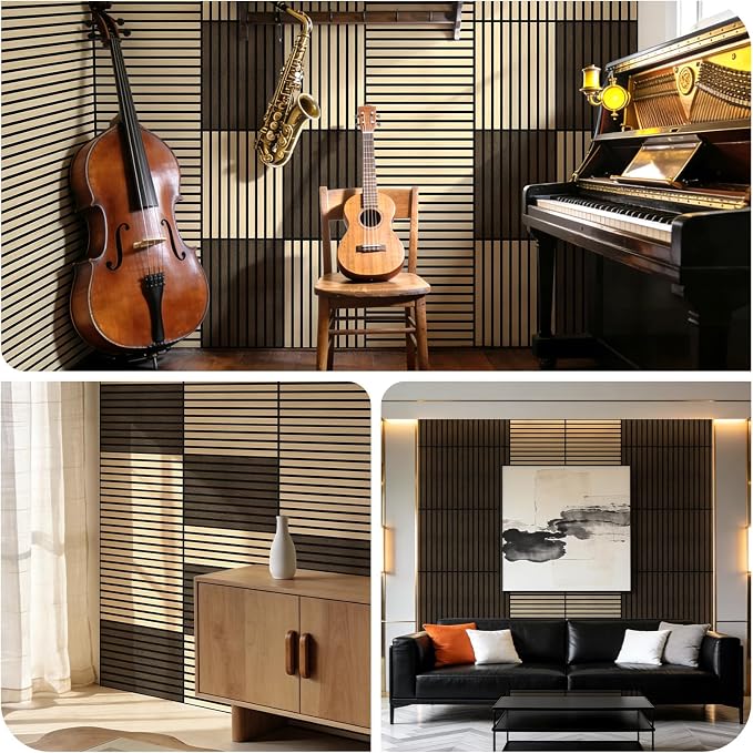 WADILE 24 Pack Self Adhesive Acoustic Wall Panels in Wood Look 11.8"x15.7" | Soundproofing PVC Slats on Felt, Decorative Wall Panels for Living Room & Bedroom Accent Wall - Image 5