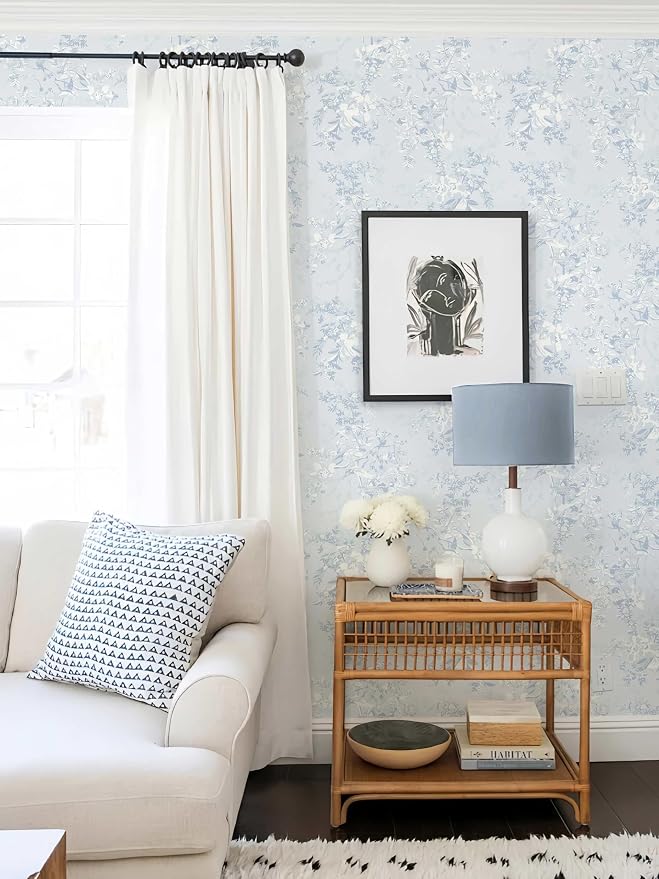 Dimoon Blue Peel and Stick Wallpaper Floral Vintage Wallpaper French Country Renter Friendly Contact Paper Bathroom Kitchen Removable Boho Stick on Wall Paper Vinyl Roll 17.3''×394" - Image 6