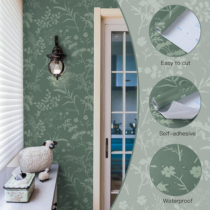Heroad Sage Green Peel and Stick Wallpaper Boho Floral Contact Paper for Cabinets Waterproof Leaf Removable Wallpaper Self Adhesive Decorative Wall Paper for Bedroom Bathroom Walls 17.3''x196'' - Image 3