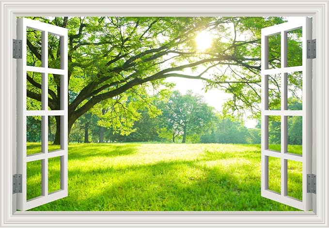 Fake Window Wall Mural Green Forest Tree Wall Art Poster Faux Window Wall Sticker for Office Home Room Decor, Peel and Stick Wall Decals 24" x 16" by Unknown