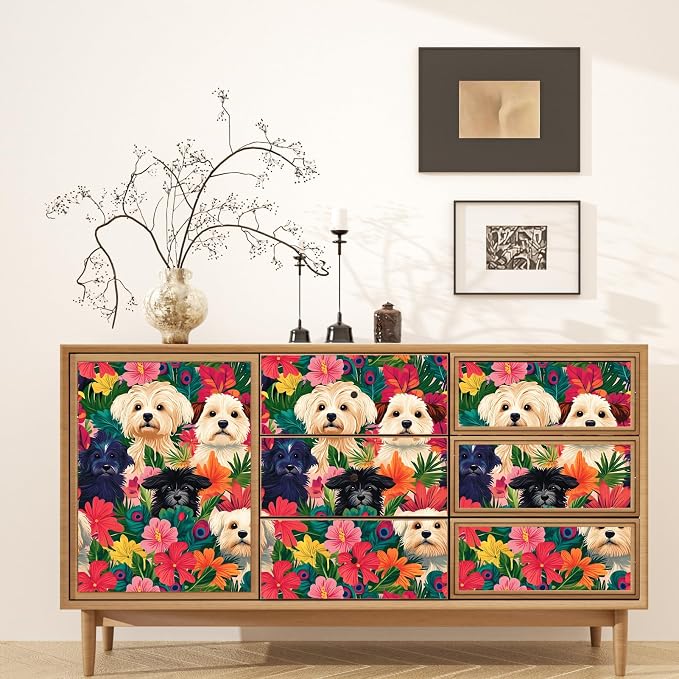 BOKEBEVE Dogs Floral Wallpaper Peel and Stick Boho Colorful 17.5 x 393.5In | Extra Long Removable Renter Friendly Vintage Floral Wall Paper for Bedroom Bathroom Cabinet Drawer Feature Accent Wall - Image 6