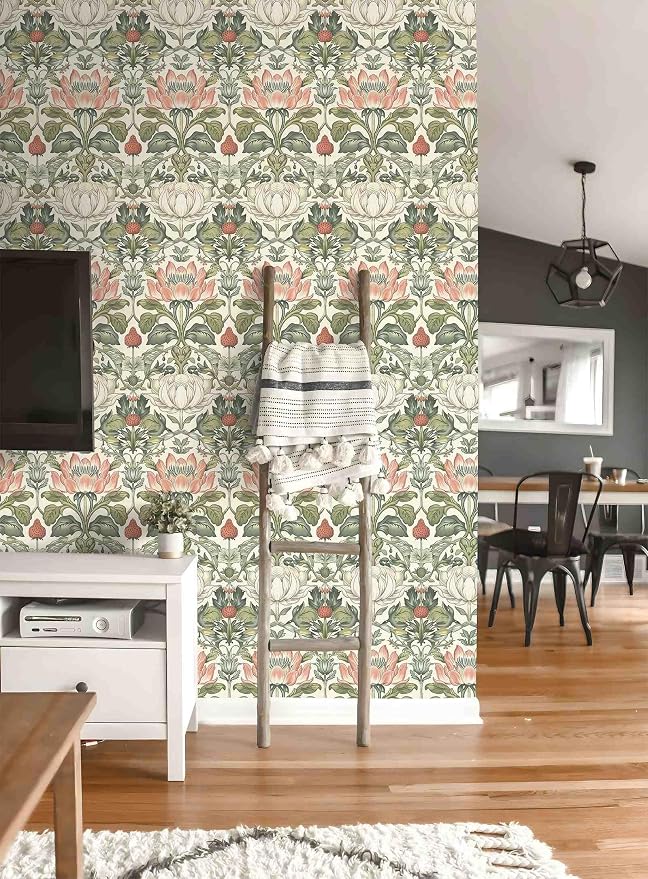 Vintage Wallpaper William Morris Botanical Peel and Stick Wallpaper | Symmetrical antique floral wildlife vinyl wall covering, removable & waterproof, for cottage living room interior decoration. - Image 5