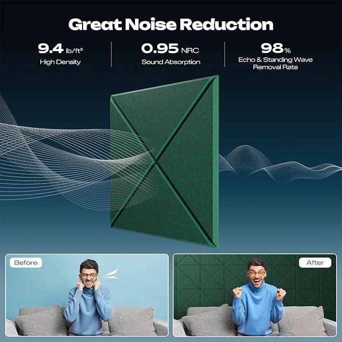 Sonicism 22 Pack X-Lined Acoustic Panels with Self-Adhesive, 12"X 12"X 0.4" Sound Proof Foam Panels, Decorative Soundproof Wall Panels, Sound Absorbing Tile for Home & Offices, Dark Green - Image 3