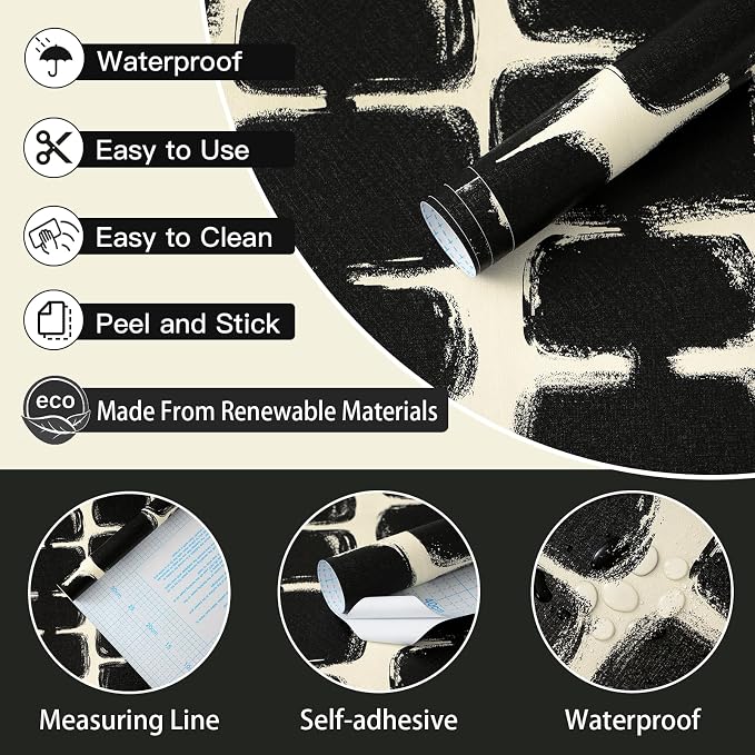 Safiyya Peel and Stick Wallpaper Black and Cream White Contact Paper Mid Century Modern Abstract Geometric Wall Paper Self Adhesive Removable Wallpaper for Bathroom and Bedroom Vinyl 17.3"x78.7" - Image 6