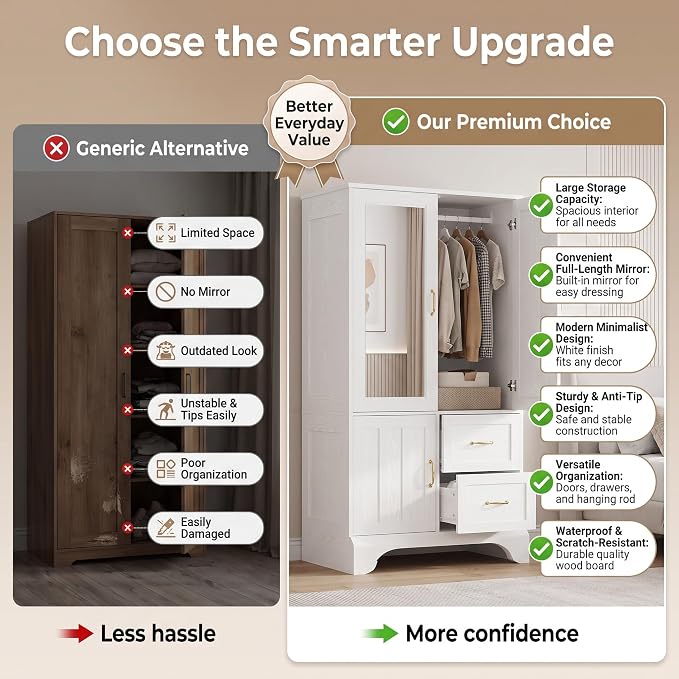 LIKIMIO Armoire Wardrobe with Mirror, 3-Door Hanging Rod & Drawers - Image 7