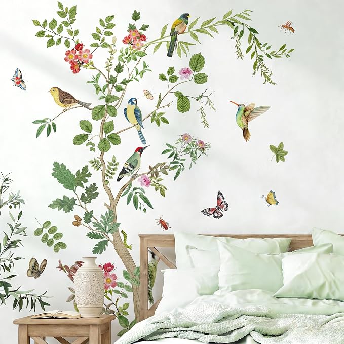 Large Green Tree Wall Decals Floral Tree Branch with Birds Peel and Stick Removable PVC Wall Stickers for Living Room Bedroom Nursery TV Background Home Art Decor by Prabahdak