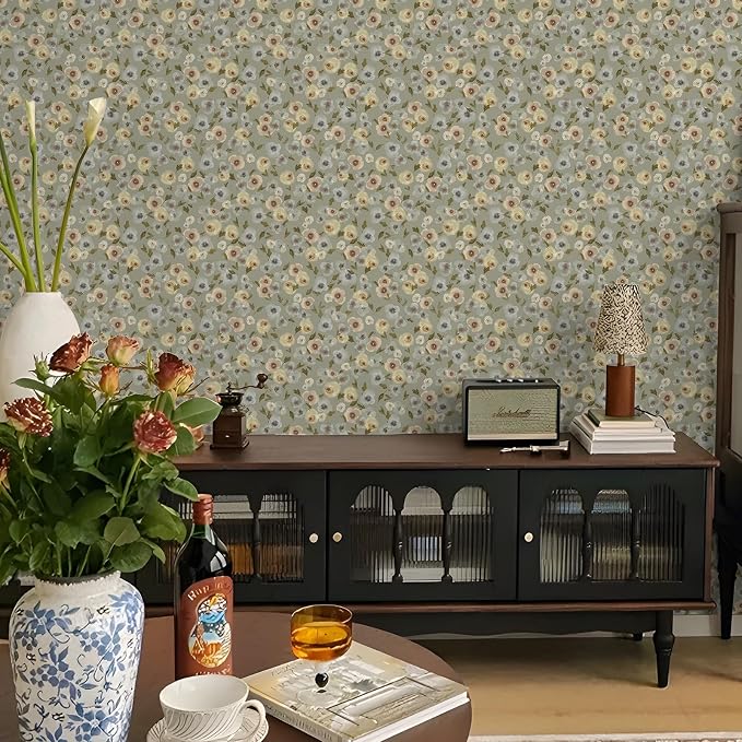 Khaki Watercolor Floral Peel and Stick Wallpaper, 17.3" x 472" Soft Pastel Flower Removable Vinyl Wallpaper, Waterproof Self-Adhesive Vintage Floral Contact Paper for Nursery Bedroom Cabinets - Image 8