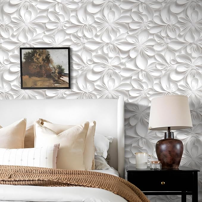 Stickyart 3D White Floral Peel and Stick Wallpaper 17.5"x276" Embossed White Wallpaper for Walls Self Adhesive 3D Flower Contact Paper Removable Decorative Wall Paper for Living Room Drawers Ceiling - Image 2