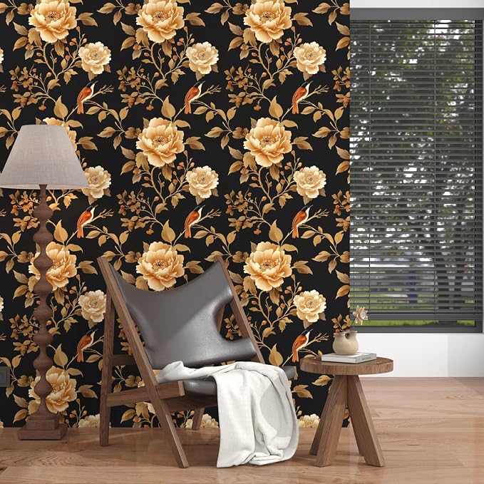 Laatse Dark Floral Bird Wallpaper Peel and Stick 17.5"x 118",Black/Golden | Self Adhesive/Removable/Waterproof/Thick Vinyl Contact Paper for Bathroom Bedroom Shelf Cabinet Drawer,Prepasted,Easy Peel - Image 8
