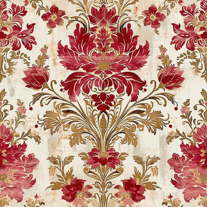18"x236" Classical Beige Red Damask Flower Retro Peel and Stick Self Adhesive Wallpaper Removable Contact Paper Stick on Easy Peel Off Wall Paper for Kitchen Bedroom Bathroom Renter by VistaPalette