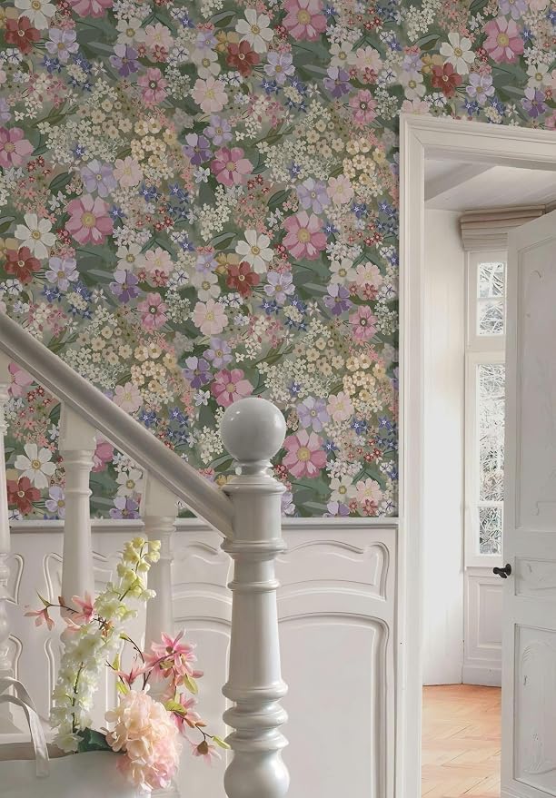 Ismoon Floral Peel and Stick Wallpaper Vintage Wallpaper 17.3in x 16.4ft Pink/Green Floral Wall Paper Boho Waterproof Removable Self-Adhesive Wall Paper for Nursery Bedroom Shlef Cabinet Décor - Image 5
