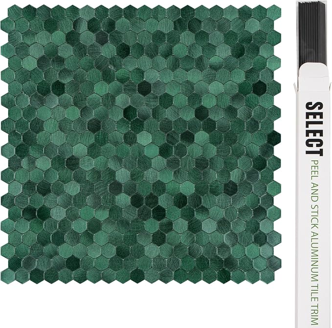 Select 5 Pack Hexagon Peel and Stick Backsplash Tiles, Hunter Green | Self Adhesive Metal Backsplash Stick On Aluminum Tiles for Kitchen Bathroom, 12” x 12” Wall Tiles w/10 Edge Pieces - Image 3