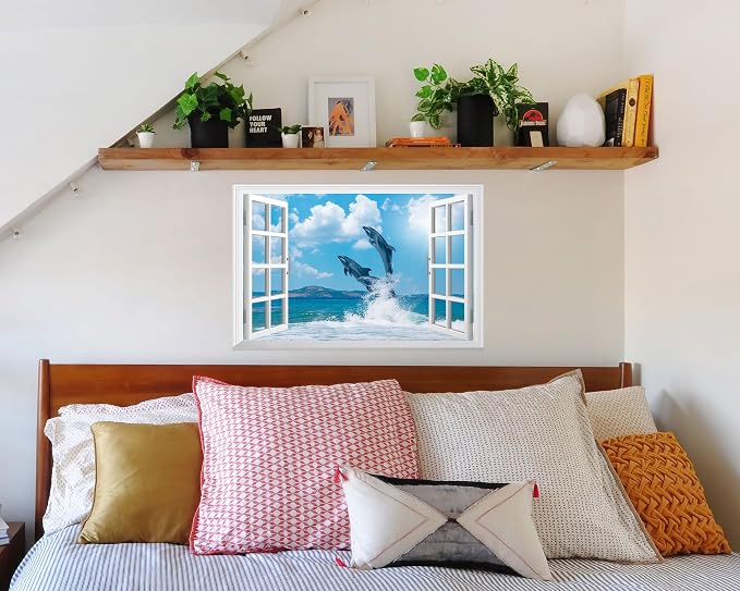 FLFK Fake Window Wall Sticker - Ocean Dolphins Faux Window Wall Mural for Wall Decor, Stick and Peel Wall Decals,24"x16" - Image 3