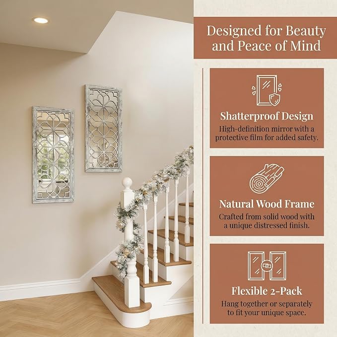 Set of 2 13x30 Inch Large Grey Shatterproof Carved Floral Wood Frame Wall Mirrors, Boho Farmhouse Rustic Accent Mirrors for Living Room Bedroom Bathroom & Home Decor - Image 7