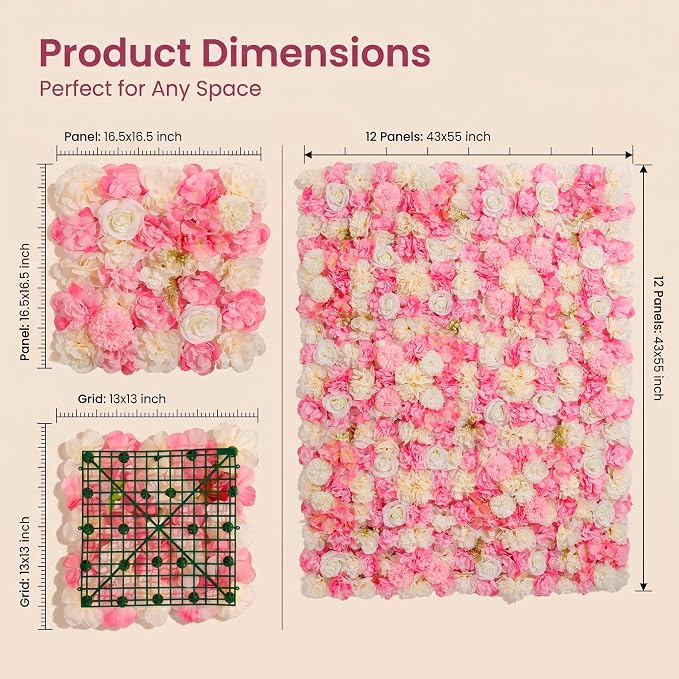 Artificial Flower Wall, 12 Panels, 16.5x16.5, Pink White Rose | 3D design, realistic look, Seamless Design,eco-friendly,easy to assemble,reusable,.Suitable for weddings,Party,Backdrop Decor - Image 3