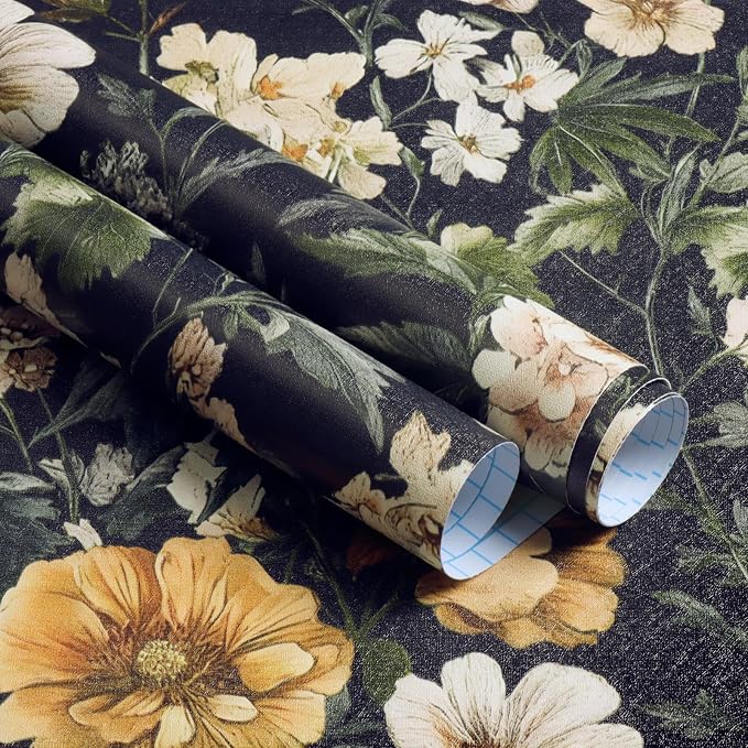 Livebor Black Floral Peel and Stick Wallpaper Flower Wallpaper16.9 x118.1 | Vintage Floral Contact Paper Boho Self Adhesive Botanical Wall Paper for Kitchen Waterproof Cabinets Decorative Vinyl - Image 6