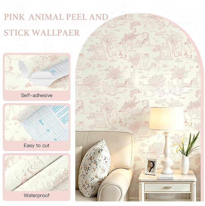 Guvana Pink Peel and Stick Wallpaper Cat Wall Paper Vintage Animal Contact Paper Vinyl Waterproof Wallpaper Floral Slef Adhesive Removable for Living Room Bedroom Kitchen Bathroom 17.3"×78.7" - Image 5