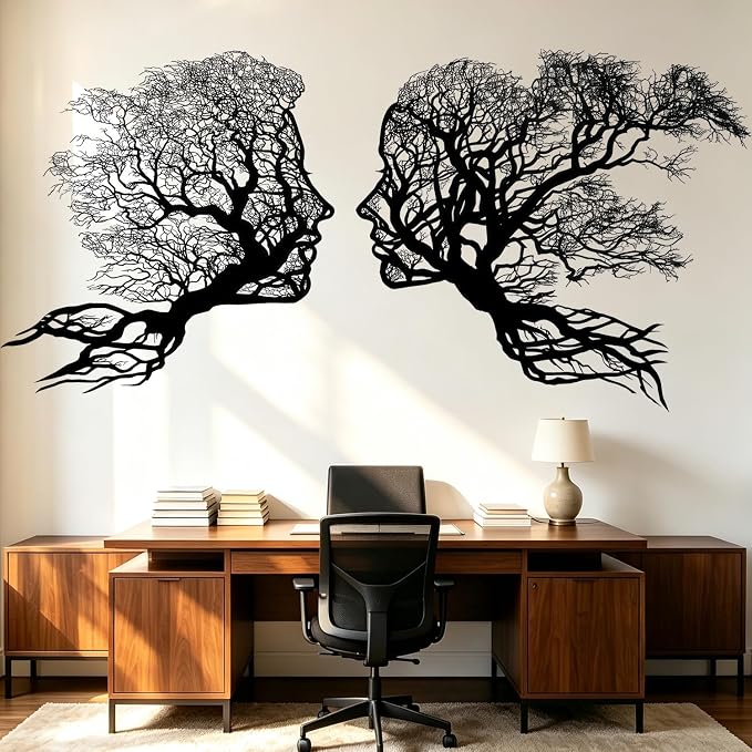 Black Silhouette Face Tree of Life Couple Boho Wall Decals Decor Stickers | Man woman human face peel and stick removable vinyl abstract wall art mural decoration for bedroom living room office - Image 4